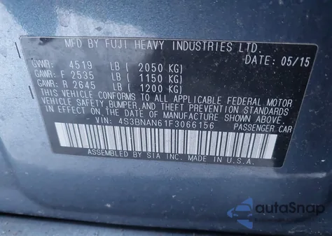 2015 Subaru Legacy 2.5I Limited from USA, damaged, VIN 4S3BNAN61F3066156